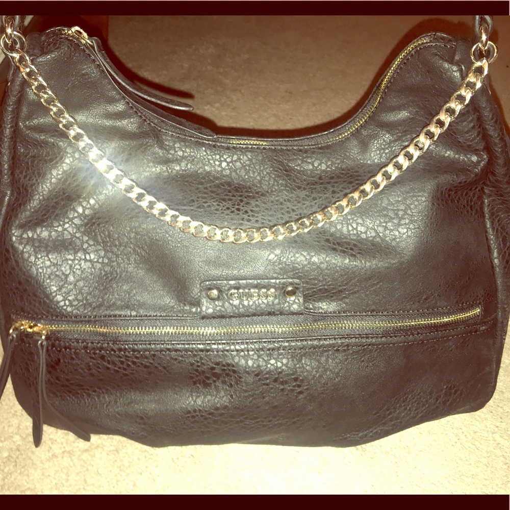 Black Guess Handbag with Gold Chain Detail